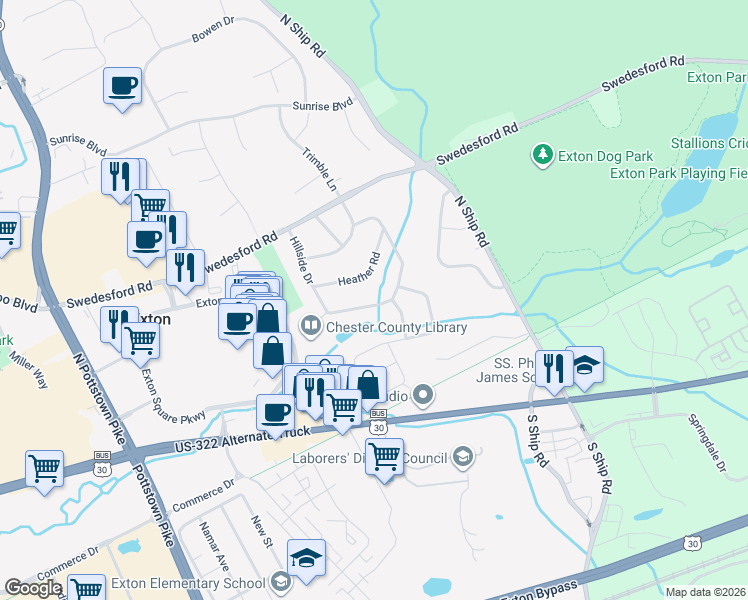 map of restaurants, bars, coffee shops, grocery stores, and more near 513 Winding Way in Exton