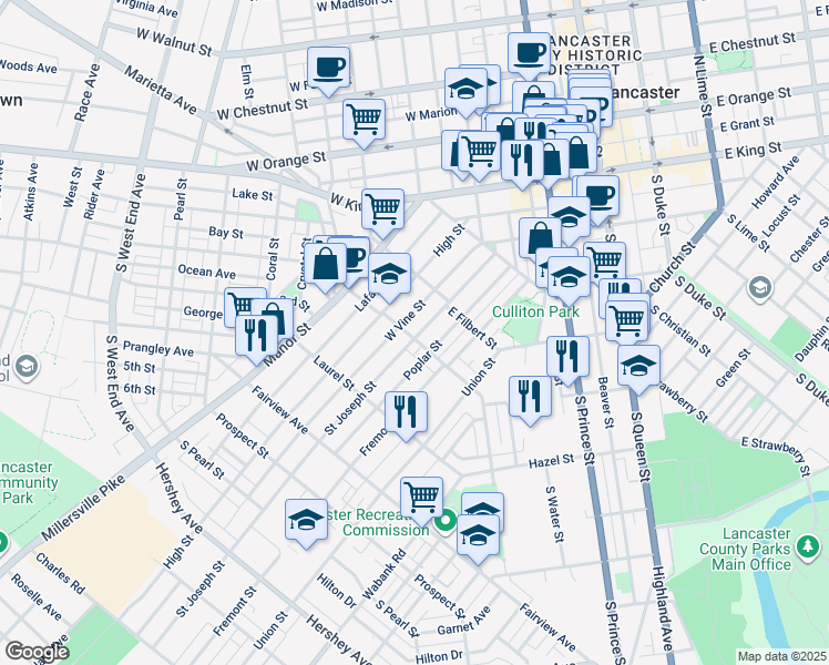 map of restaurants, bars, coffee shops, grocery stores, and more near 549 Saint Joseph Street in Lancaster