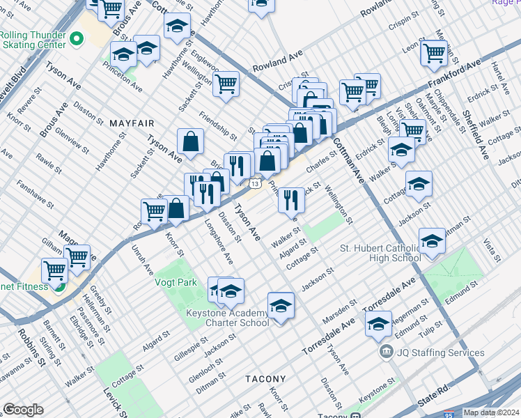 map of restaurants, bars, coffee shops, grocery stores, and more near 7027 Charles Street in Philadelphia