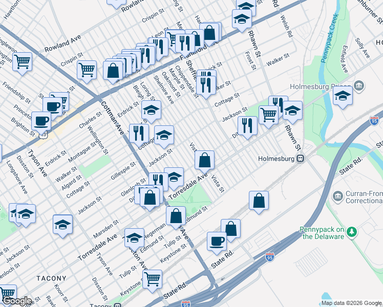 map of restaurants, bars, coffee shops, grocery stores, and more near 4524 Vista Street in Philadelphia