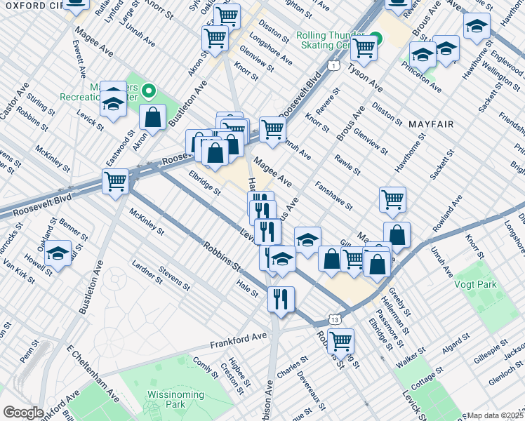 map of restaurants, bars, coffee shops, grocery stores, and more near 2804 Hellerman Street in Philadelphia