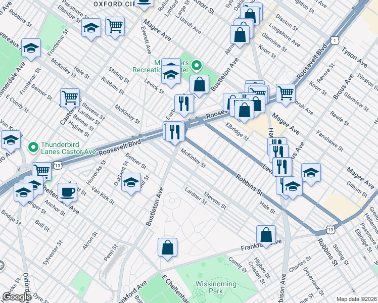 map of restaurants, bars, coffee shops, grocery stores, and more near 2024 Robbins Street in Philadelphia