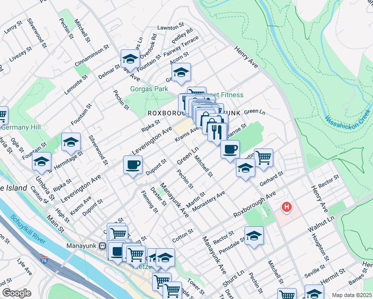 map of restaurants, bars, coffee shops, grocery stores, and more near 4514 Mitchell Street in Philadelphia