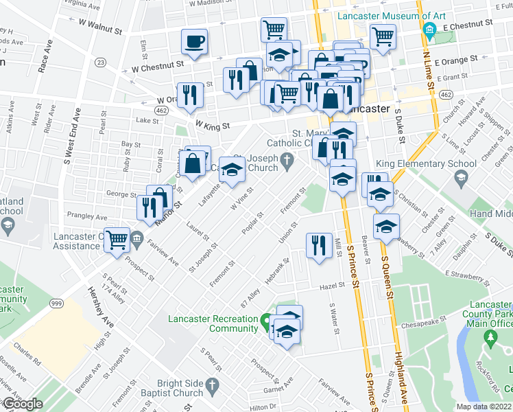 map of restaurants, bars, coffee shops, grocery stores, and more near 533 Saint Joseph Street in Lancaster