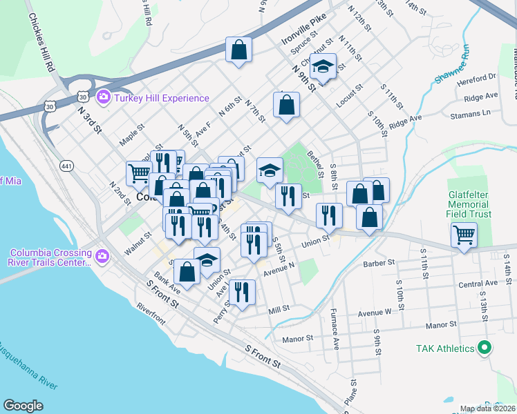 map of restaurants, bars, coffee shops, grocery stores, and more near 28 Lancaster Avenue in Columbia