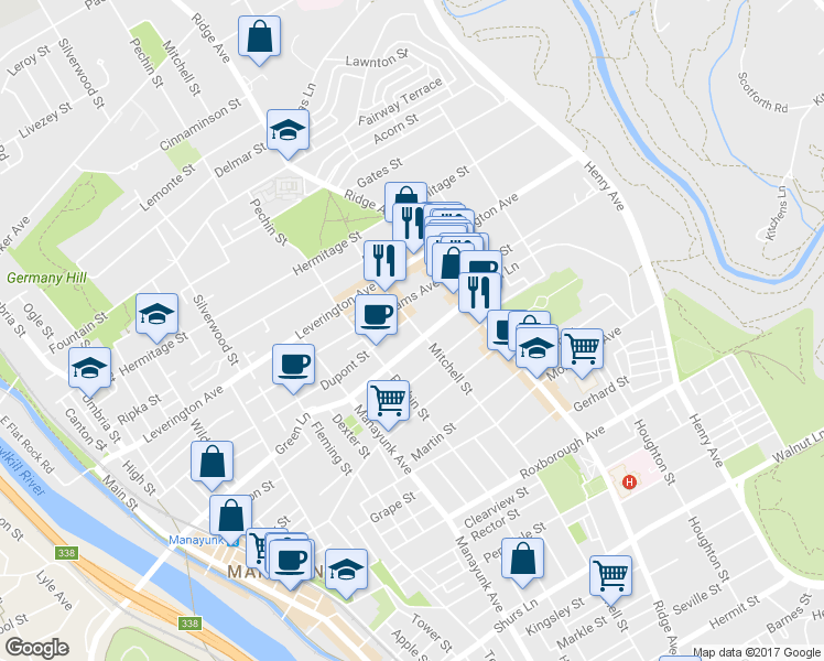 map of restaurants, bars, coffee shops, grocery stores, and more near 4514 Mitchell Street in Philadelphia