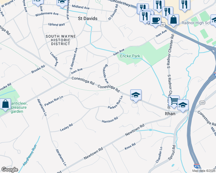 map of restaurants, bars, coffee shops, grocery stores, and more near 501 Conestoga Road in Saint Davids