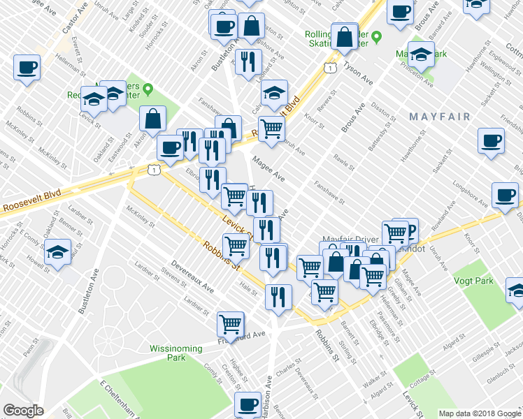 map of restaurants, bars, coffee shops, grocery stores, and more near 2804 Hellerman Street in Philadelphia