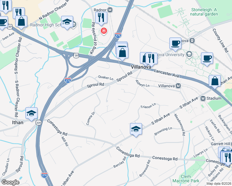 map of restaurants, bars, coffee shops, grocery stores, and more near 107 South Spring Mill Road in Villanova