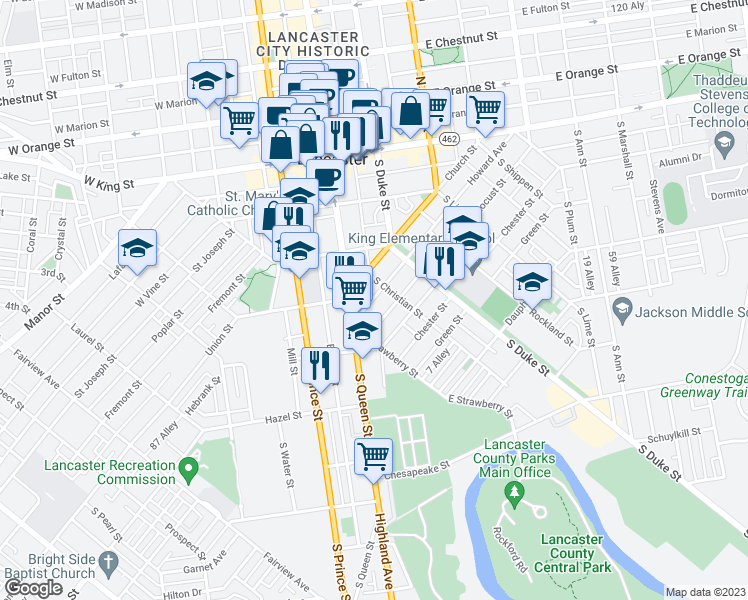 map of restaurants, bars, coffee shops, grocery stores, and more near 521 Howard Avenue in Lancaster