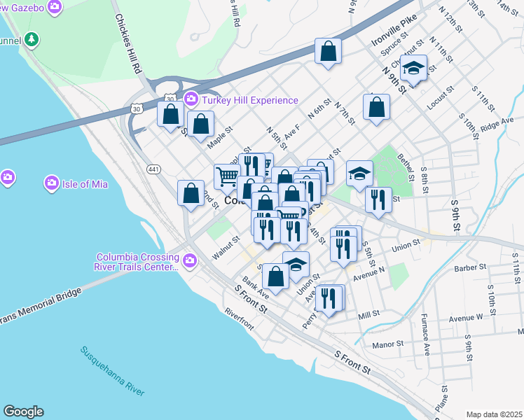 map of restaurants, bars, coffee shops, grocery stores, and more near 327 Walnut Street in Columbia