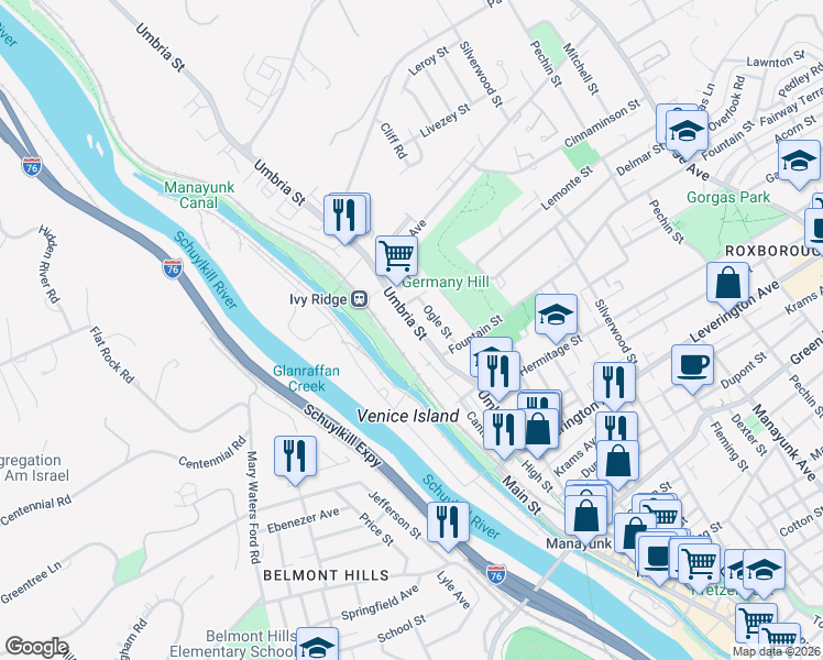 map of restaurants, bars, coffee shops, grocery stores, and more near 4842 Umbria Street in Philadelphia