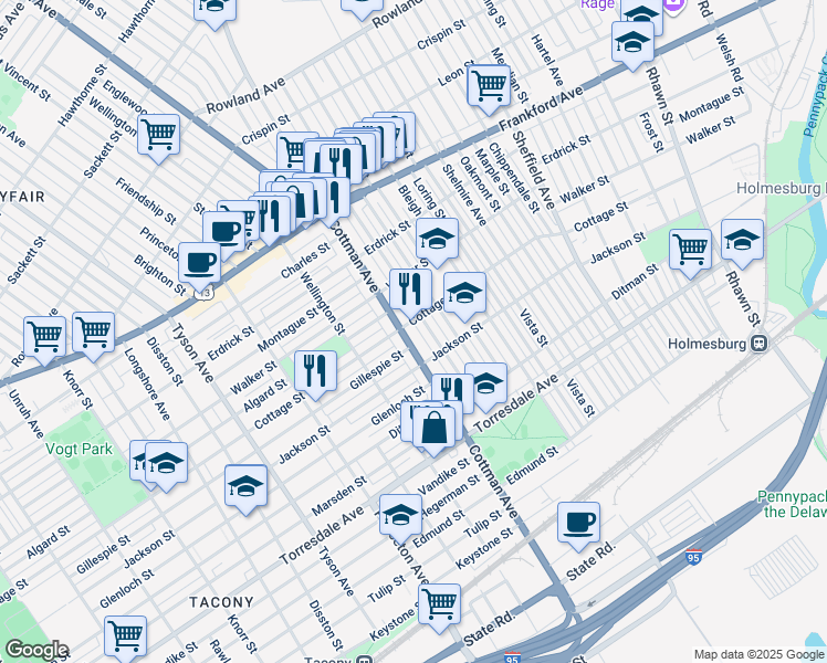 map of restaurants, bars, coffee shops, grocery stores, and more near 4409 Cottman Avenue in Philadelphia