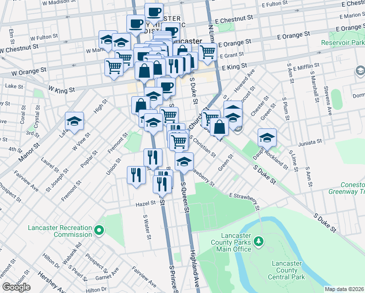map of restaurants, bars, coffee shops, grocery stores, and more near 244 Pennsylvania 72 in Lancaster