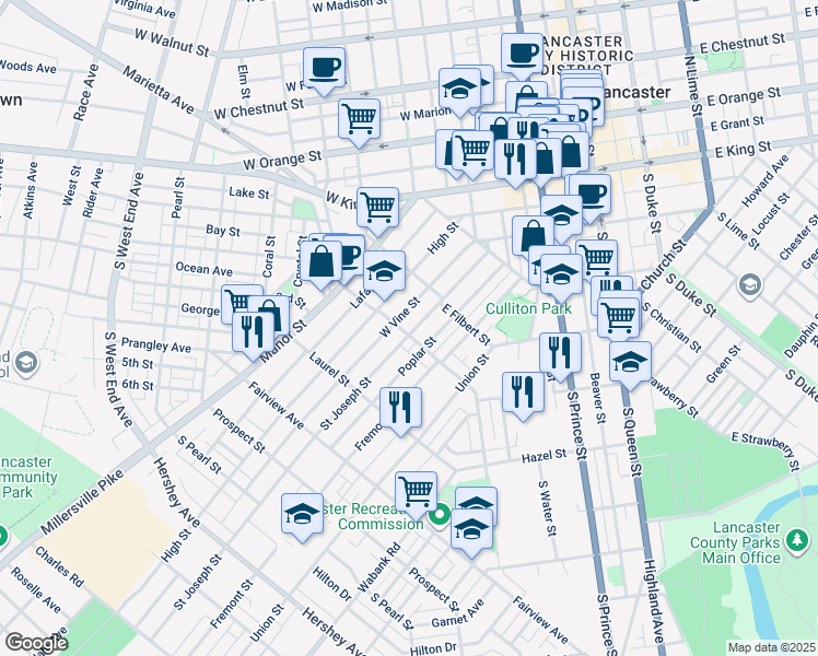 map of restaurants, bars, coffee shops, grocery stores, and more near 549 Saint Joseph Street in Lancaster