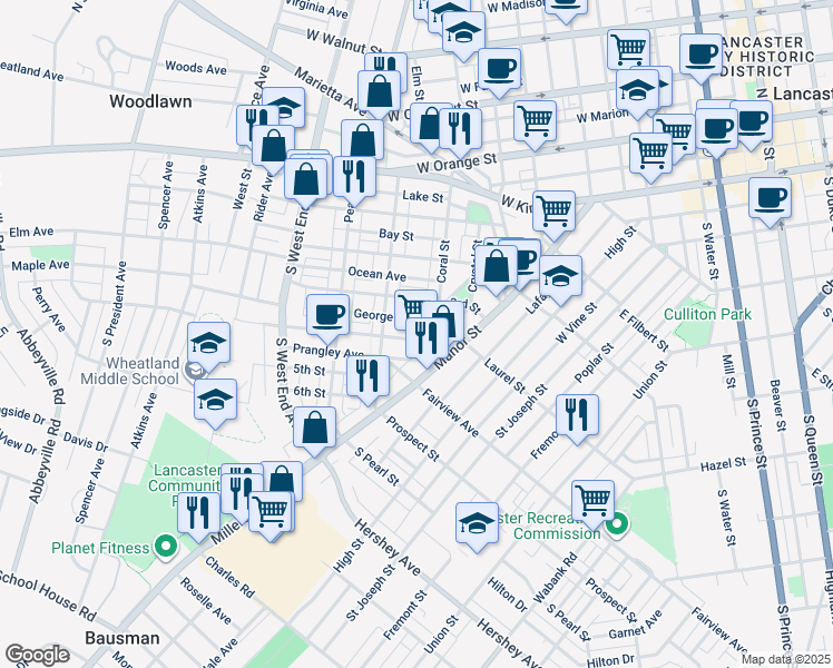 map of restaurants, bars, coffee shops, grocery stores, and more near 619 4th Street in Lancaster