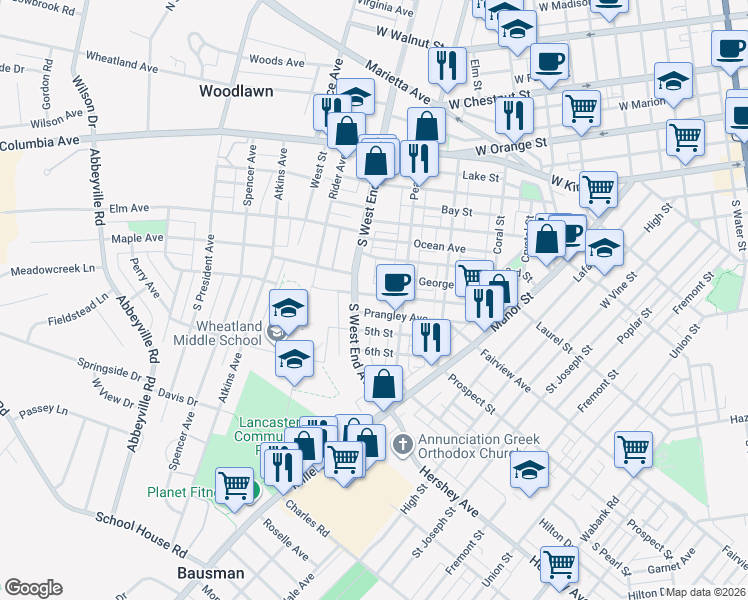 map of restaurants, bars, coffee shops, grocery stores, and more near 329 South West End Avenue in Lancaster