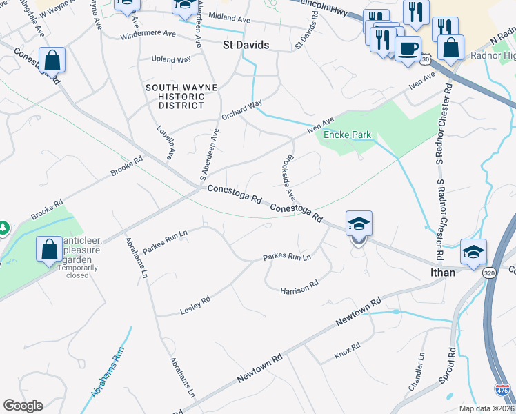 map of restaurants, bars, coffee shops, grocery stores, and more near 438 Conestoga Road in Wayne