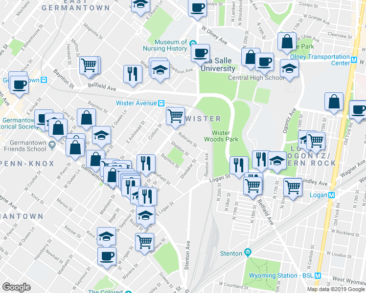 map of restaurants, bars, coffee shops, grocery stores, and more near 4973 Sheldon Street in Philadelphia