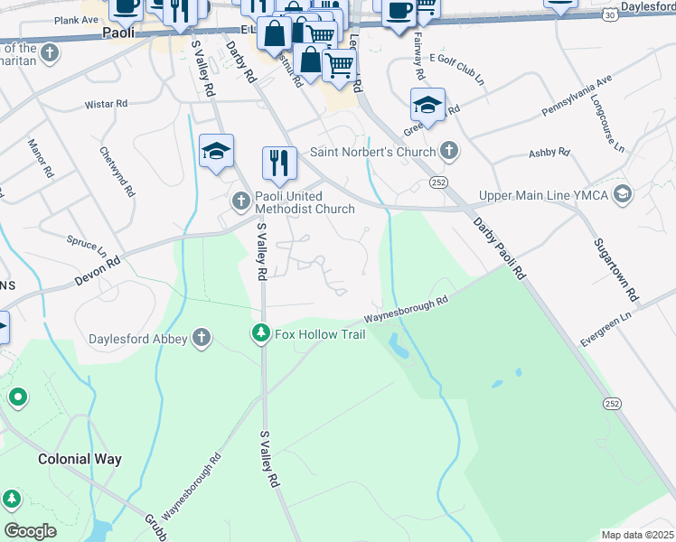 map of restaurants, bars, coffee shops, grocery stores, and more near 1501 Weatherstone Drive in Paoli