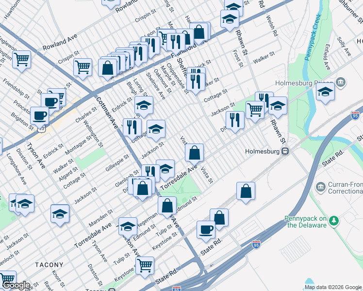 map of restaurants, bars, coffee shops, grocery stores, and more near 4524 Vista Street in Philadelphia