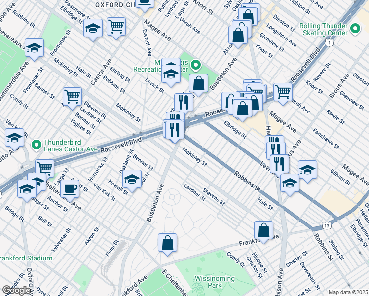 map of restaurants, bars, coffee shops, grocery stores, and more near 2035 McKinley Street in Philadelphia