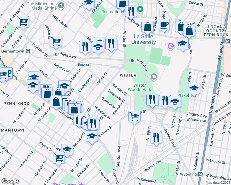 map of restaurants, bars, coffee shops, grocery stores, and more near 4973 Sheldon Street in Philadelphia