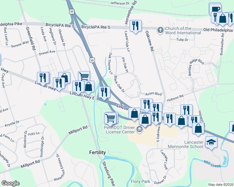 map of restaurants, bars, coffee shops, grocery stores, and more near 109 Black Oak Drive in Lancaster