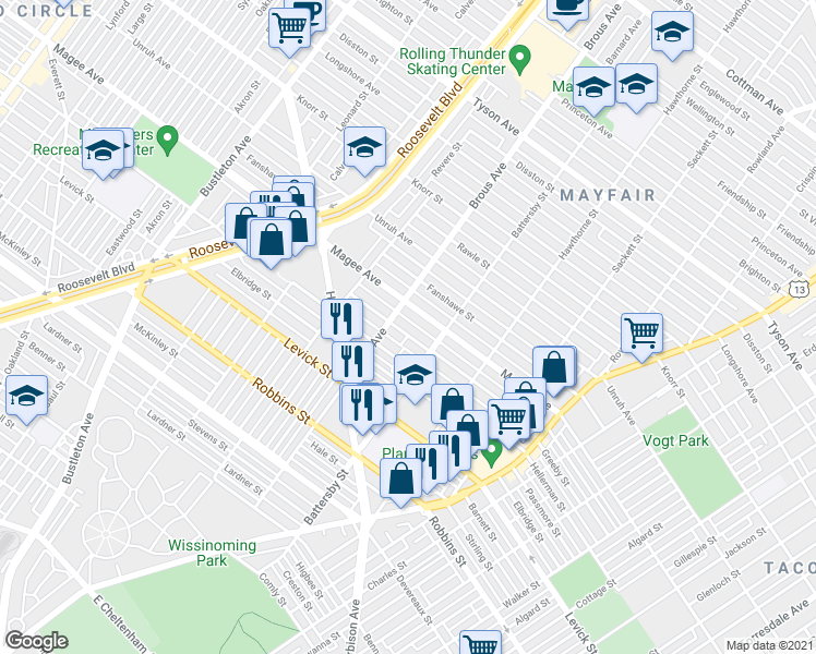 map of restaurants, bars, coffee shops, grocery stores, and more near 2919 Gilham Street in Philadelphia
