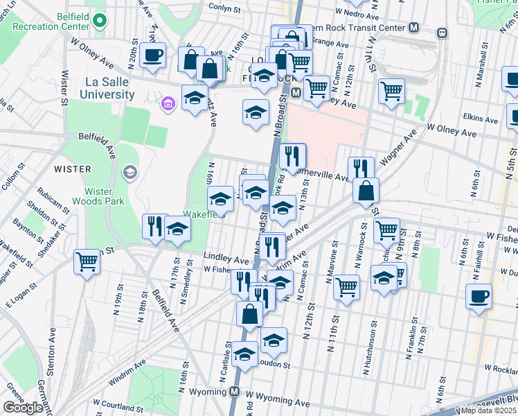map of restaurants, bars, coffee shops, grocery stores, and more near 5224 North Broad Street in Philadelphia