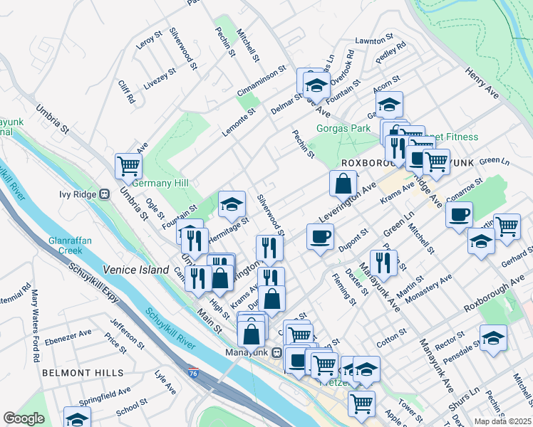 map of restaurants, bars, coffee shops, grocery stores, and more near 297 Hermitage Street in Philadelphia