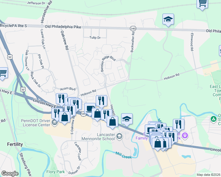 map of restaurants, bars, coffee shops, grocery stores, and more near 51 Cambridge Village in Lancaster