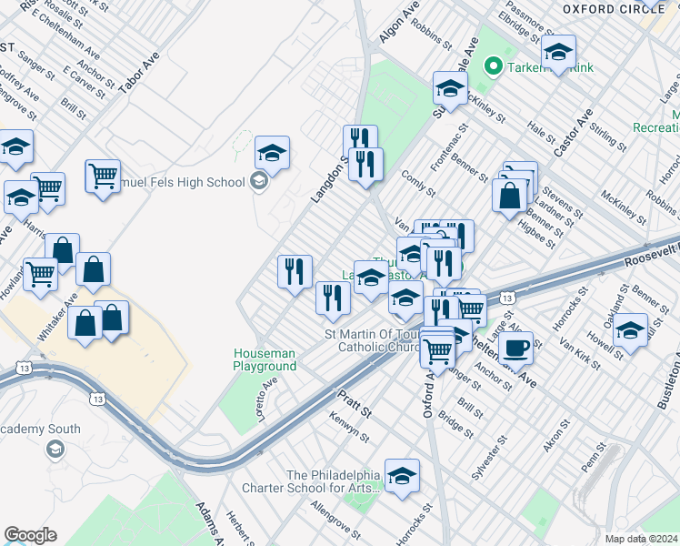 map of restaurants, bars, coffee shops, grocery stores, and more near 930 Carver Street in Philadelphia