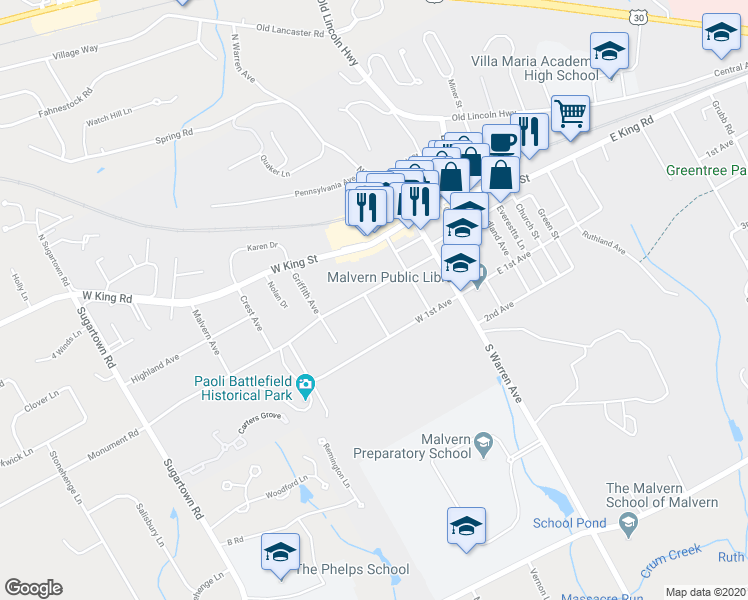 map of restaurants, bars, coffee shops, grocery stores, and more near 107 Prospect Avenue in Malvern