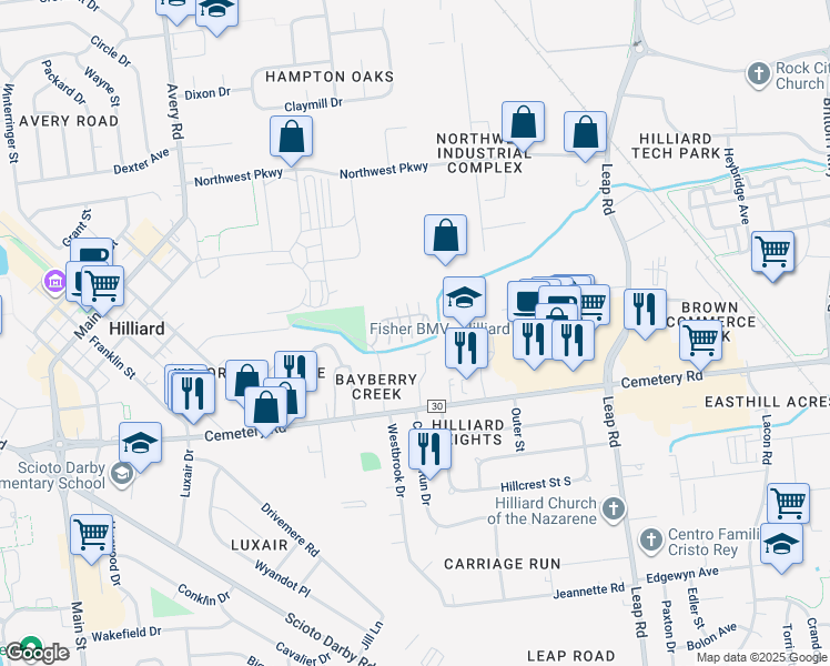 map of restaurants, bars, coffee shops, grocery stores, and more near 4887 Berry Leaf Place in Hilliard