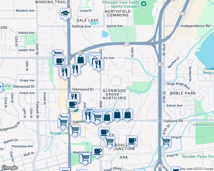 map of restaurants, bars, coffee shops, grocery stores, and more near 3250 O'Neal Circle in Boulder