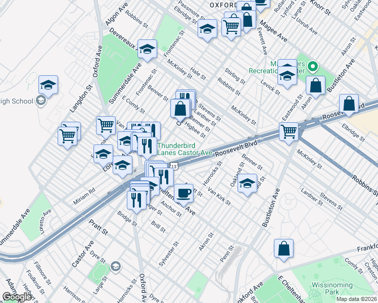 map of restaurants, bars, coffee shops, grocery stores, and more near 1438 East Comly Street in Philadelphia