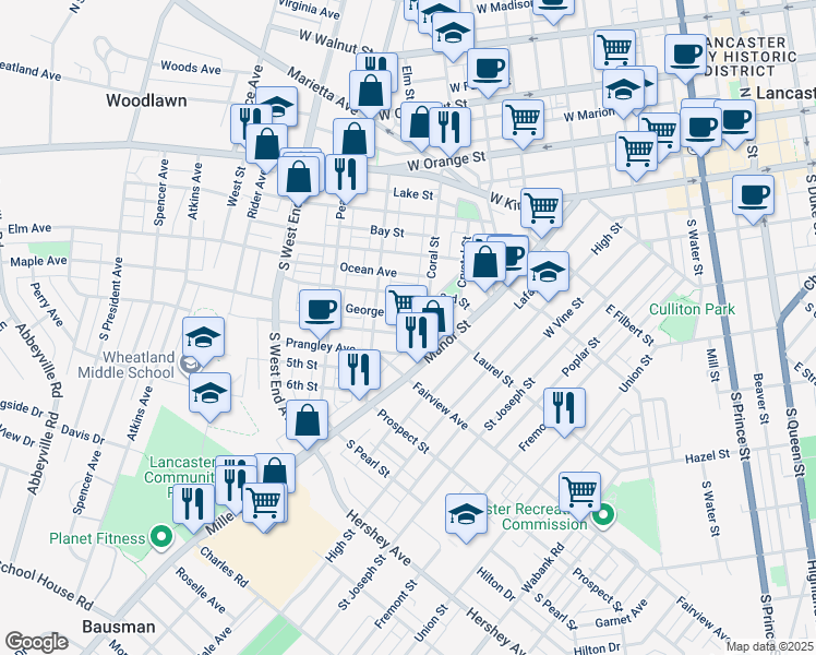 map of restaurants, bars, coffee shops, grocery stores, and more near 619 4th Street in Lancaster