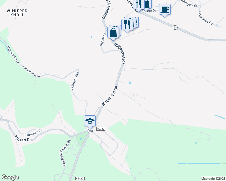 map of restaurants, bars, coffee shops, grocery stores, and more near 177 Ridgecrest Road in Wheeling