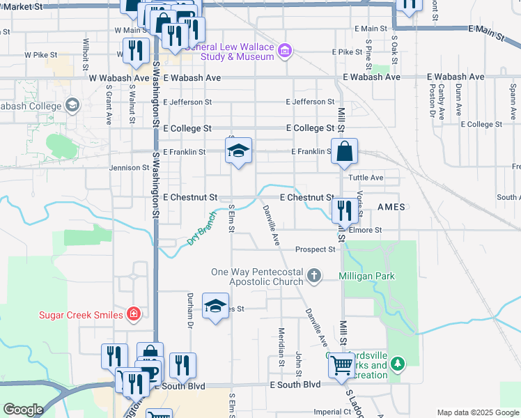 map of restaurants, bars, coffee shops, grocery stores, and more near 805 Danville Avenue in Crawfordsville