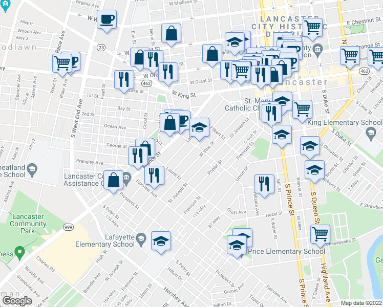 map of restaurants, bars, coffee shops, grocery stores, and more near 618 High Street in Lancaster