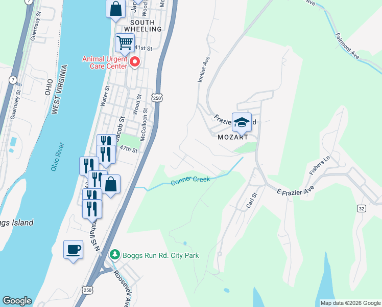 map of restaurants, bars, coffee shops, grocery stores, and more near 70 Lower Terrace in Wheeling