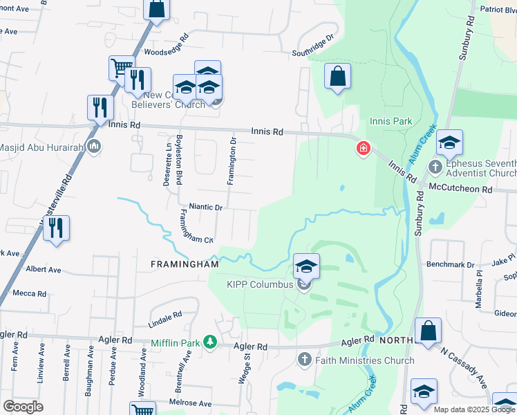 map of restaurants, bars, coffee shops, grocery stores, and more near 2620 Niantic Drive in Columbus