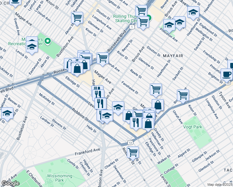 map of restaurants, bars, coffee shops, grocery stores, and more near 2919 Gilham Street in Philadelphia