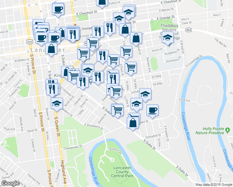 map of restaurants, bars, coffee shops, grocery stores, and more near 622 South Lime Street in Lancaster