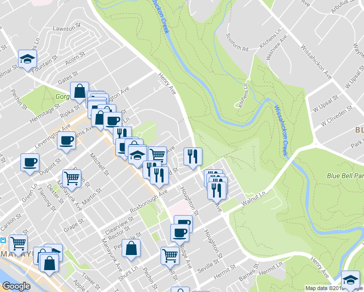 map of restaurants, bars, coffee shops, grocery stores, and more near 577 Monastery Avenue in Philadelphia