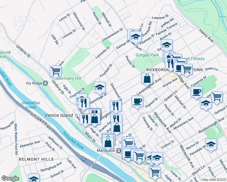 map of restaurants, bars, coffee shops, grocery stores, and more near 293 Hermitage Street in Philadelphia