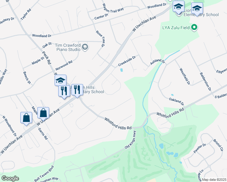map of restaurants, bars, coffee shops, grocery stores, and more near 443 Creekside Drive in Downingtown