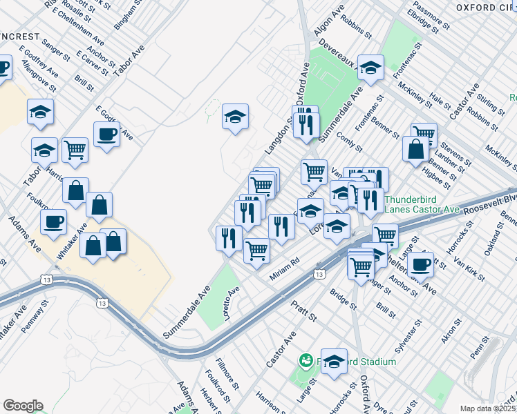 map of restaurants, bars, coffee shops, grocery stores, and more near 891 Brill Street in Philadelphia