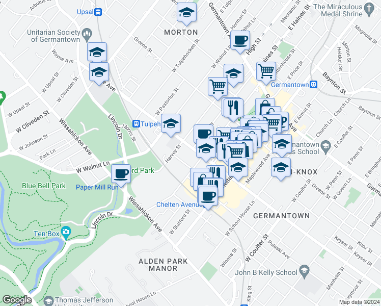 map of restaurants, bars, coffee shops, grocery stores, and more near 5910 Wayne Avenue in Philadelphia
